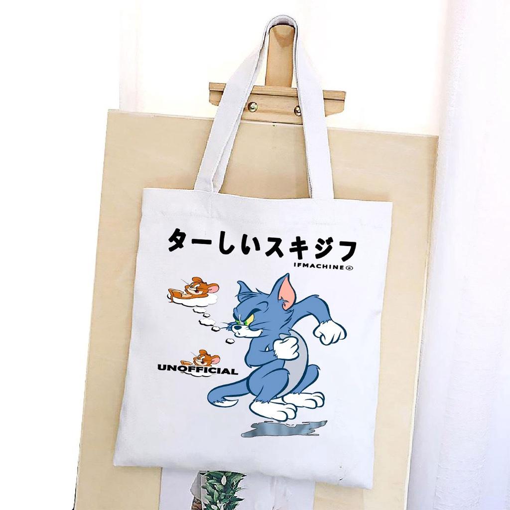 TÚI VẢI MÈO TOM ĐEO VAI TOTE CANVAS BAG CÓ KHÓA KÉO SIZE LỚN 33x38cm AOMIVN PHONG CÁCH CÁ TÍNH HOT TREND
