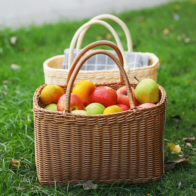 Hand Weaving Fruit Storage Basket Handle Design Picnic Basket Home Organizer