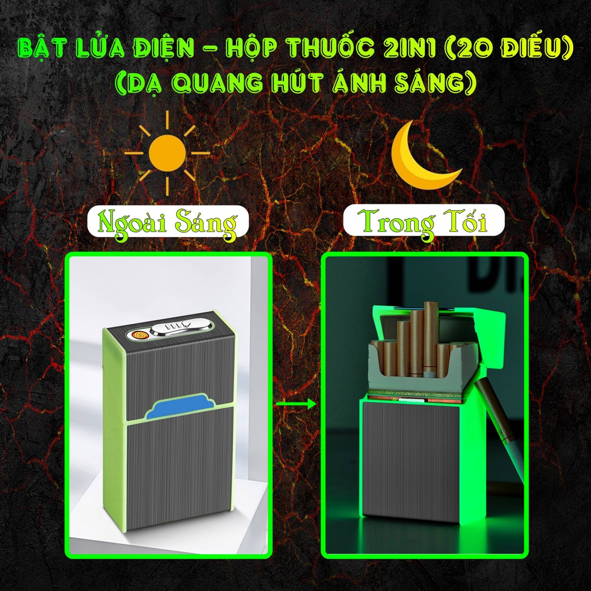 Hột quẹt bật lửa điện hộp thuốc 2in1 dạ quang hút ánh sáng (để được 20 điếu thuốc) - (sạc điện)