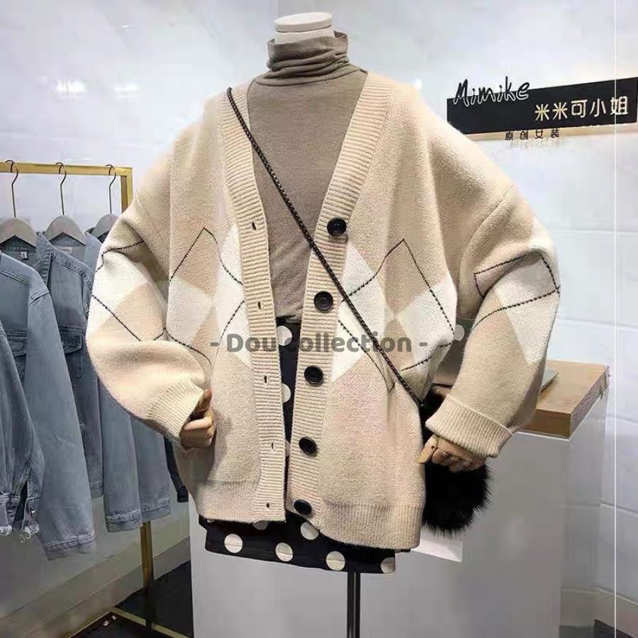 Áo Khoác Cardigan Form Rộng Họa Tiết Hình Thoi, Áo Khoác Len Thời Trang Thu Đông - Dou Collection - Mã TA024