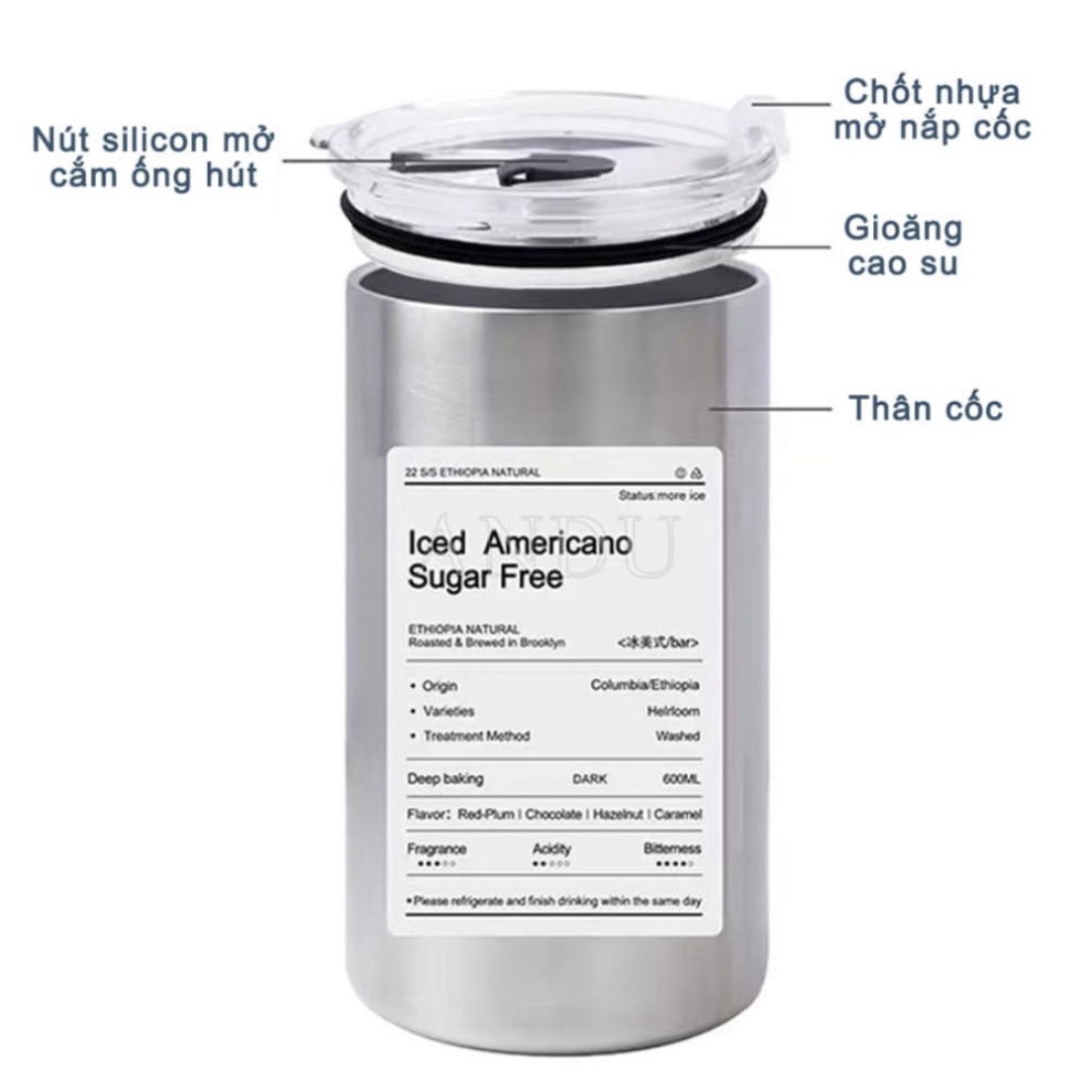 Ly Giữ Nhiệt 600ml Inox Cao Cấp Không G - Cốc Uống Nước Giữ Nhiệt Có Ống Hút Siêu Tiện Lợi Chính Hãng