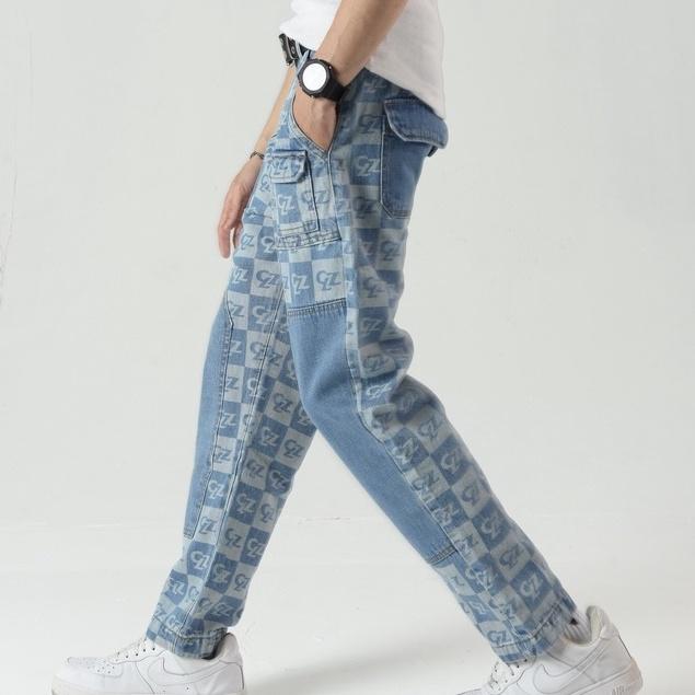Quần jean Double Knee Caro Pants, ống suông vải bò unisex nam nữ xanh