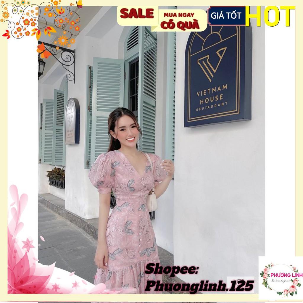 VÁY HOA TƠ CỔ V ĐUÔI CÁ CÚC BỌC