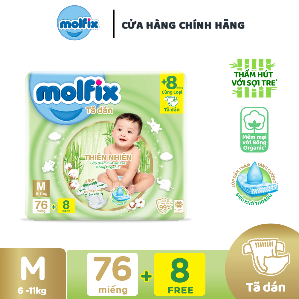 Tã/bỉm dán Molfix Thiên nhiên Super Jumbo M (6kg - 11kg) - Gói 76+8 miếng