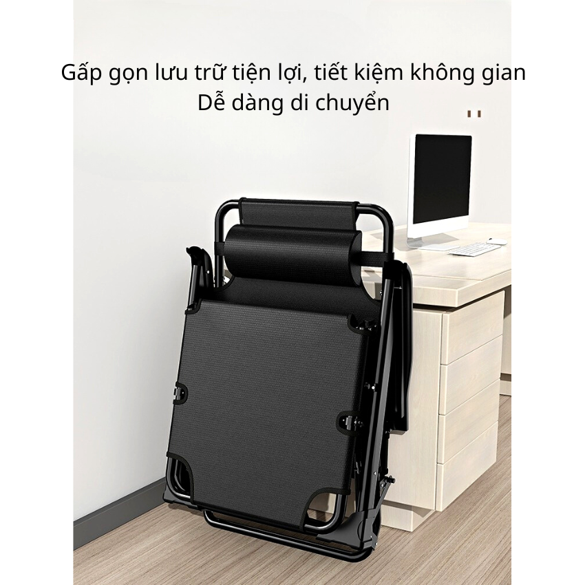 Ghế Giường Xếp Thư Giãn Gối Đầu, Ngả Lưng 180 Độ, Ghế Gấp Gọn Kèm Đệm Black