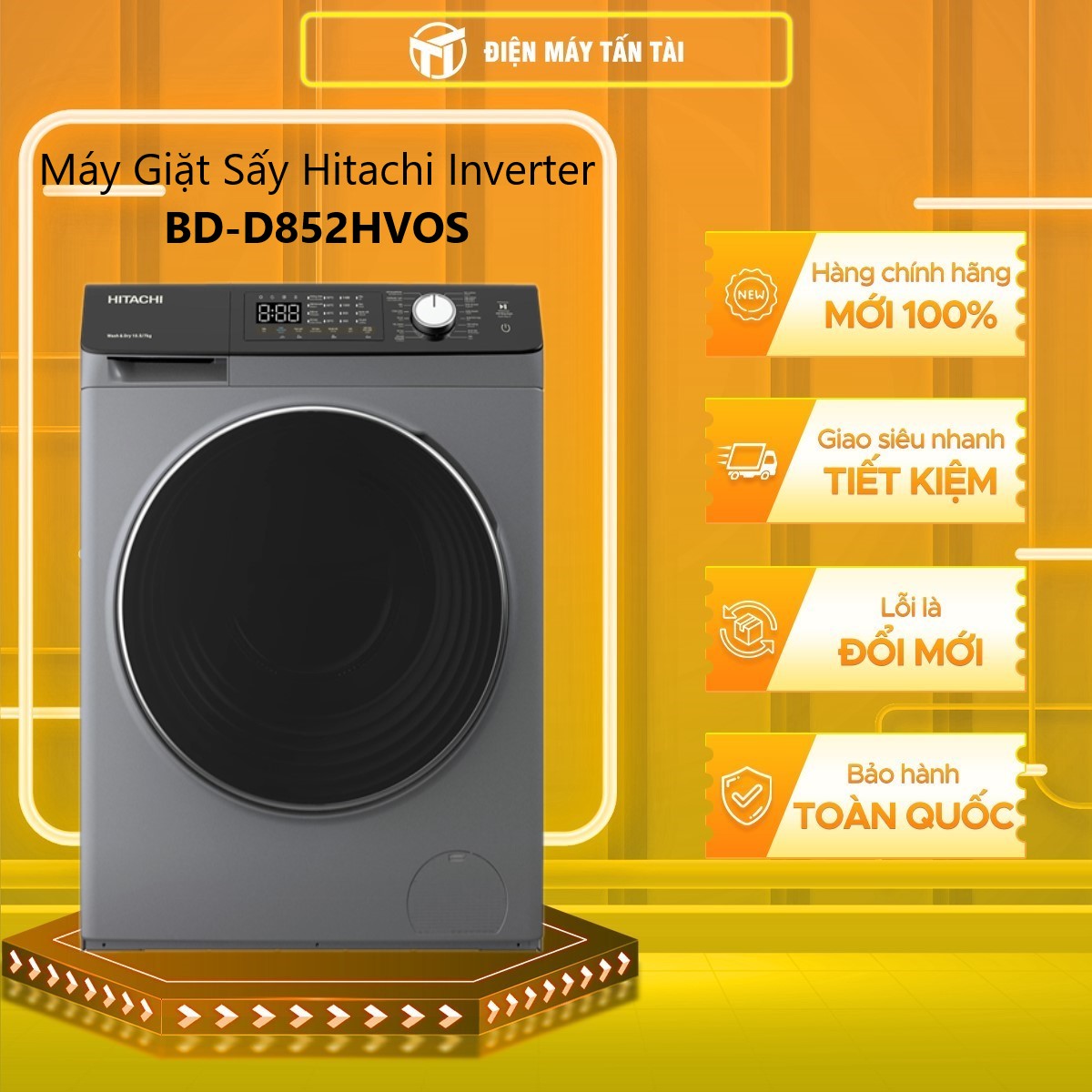 Máy giặt lồng ngang Hitachi Inverter 8.5Kg sấy 5Kg BD-D852HVOS - Hàng chính hãng
