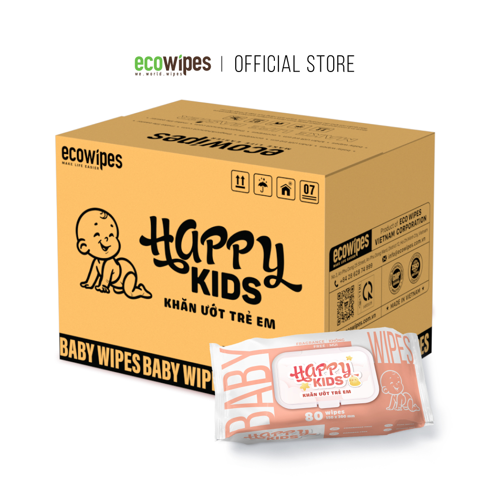 Thùng 24 gói khăn ướt trẻ em Happy Kids gói 80 tờ không mùi siêu tiết kiệm cho bé