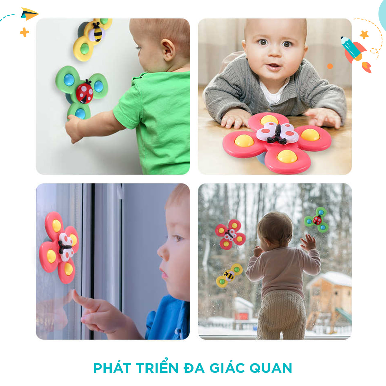 Combo 3 đồ chơi con Quay Spinner Dán Tường, Thiết Kế Hình Động Vật Hoạt Hình Độc Đáo Dành Cho Bé