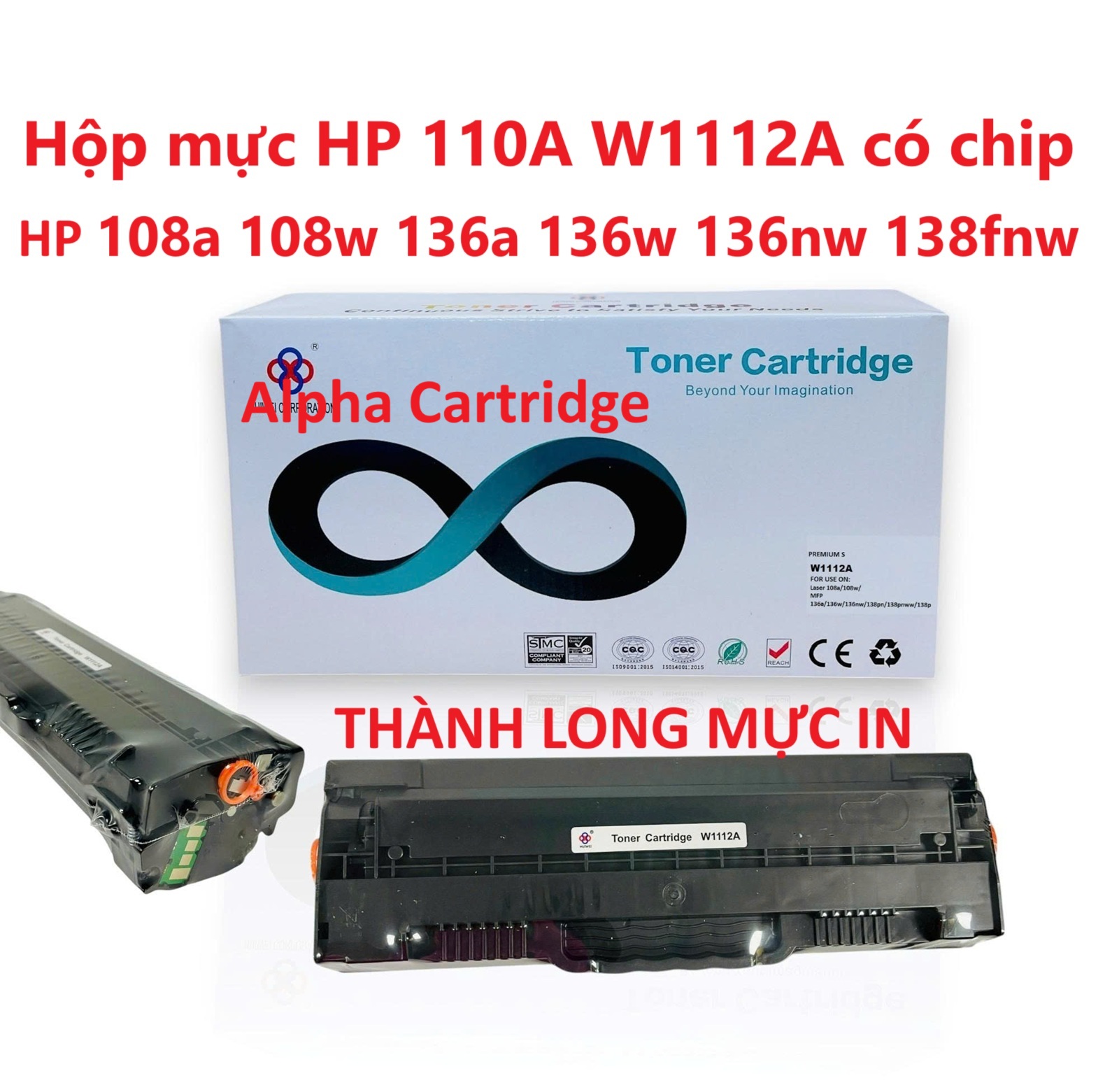 Hộp mực 110A W1112A cho máy in HP MFP 136w 136a 136nw 138fnw 108a 108w -có chip-Hàng chính hãng Alpha Cartridge