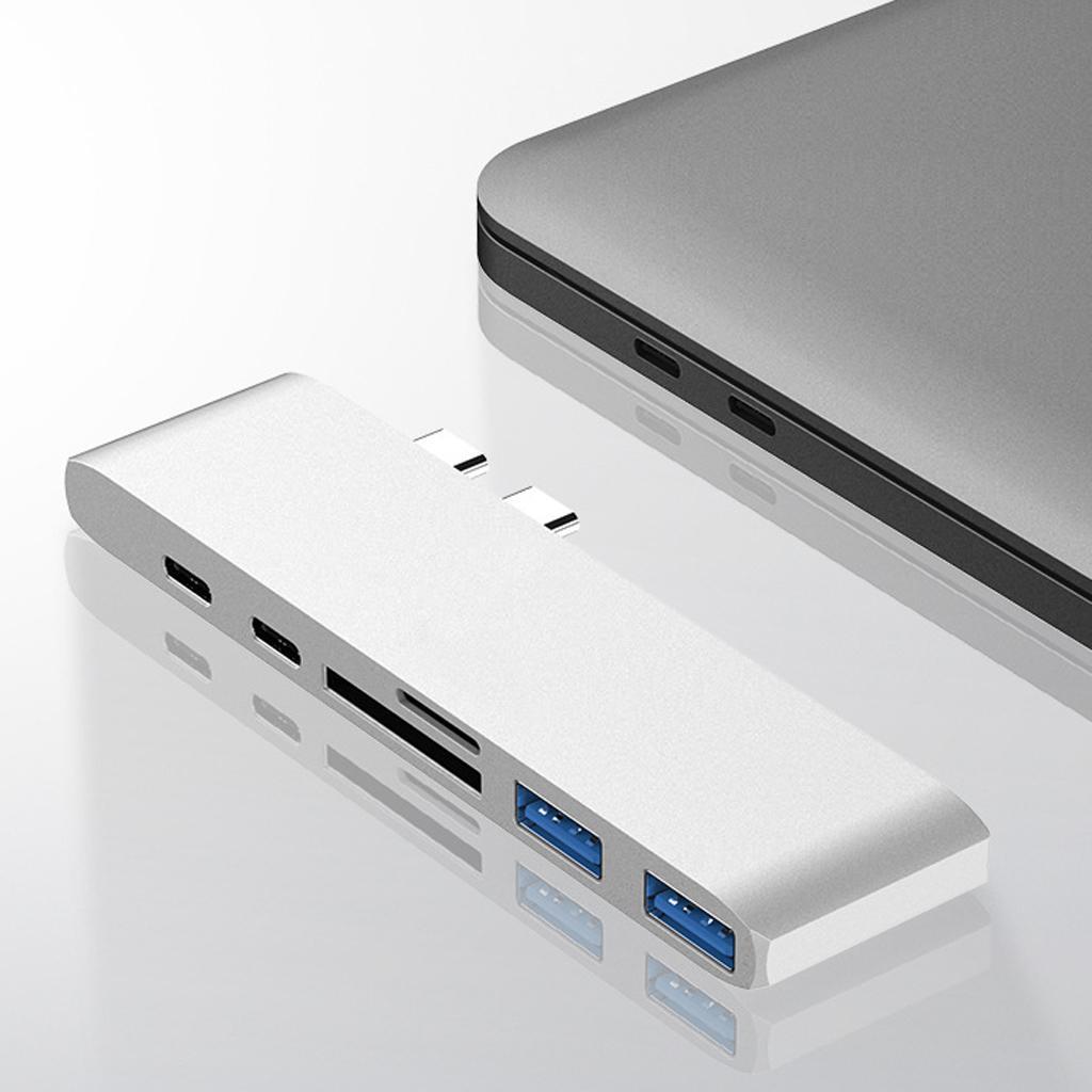 2x Aluminum USB C Hub USB-C Laptop Adapter & SD TF Card Readers 2 USB Ports