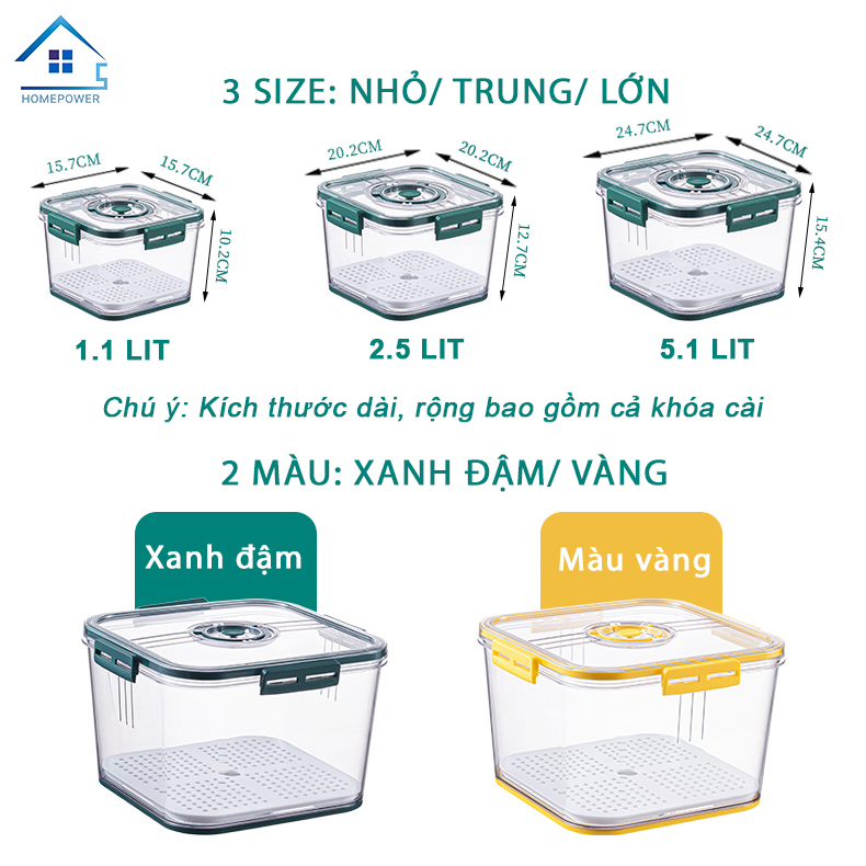 Hộp đựng thực phẩm tủ lạnh, bảo quản đồ ăn rau củ trái cây Homepower 1L/2.5L/5L có lót đáy ráo nước, van thoát khí PET cao cấp