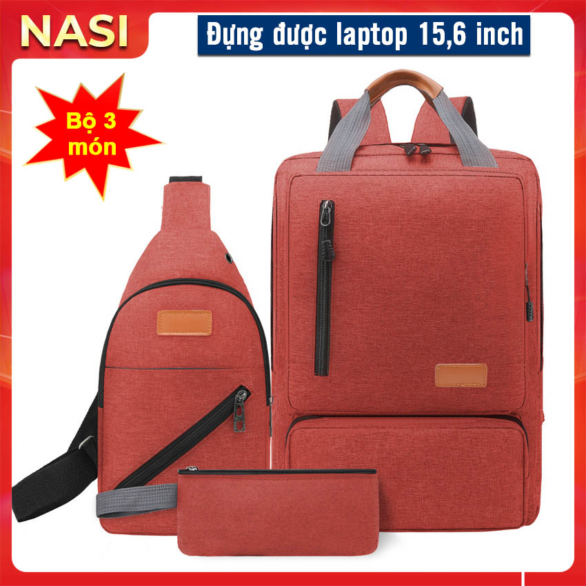 Hình ảnh Balo nam nữ B1087 NASI Store bộ 3 sản phẩm gồm ba lô laptop 15,6 inch học sinh đi học đi làm công sở túi đeo chéo có lỗ sạc tai nghe đi chơi du lịch bóp vải