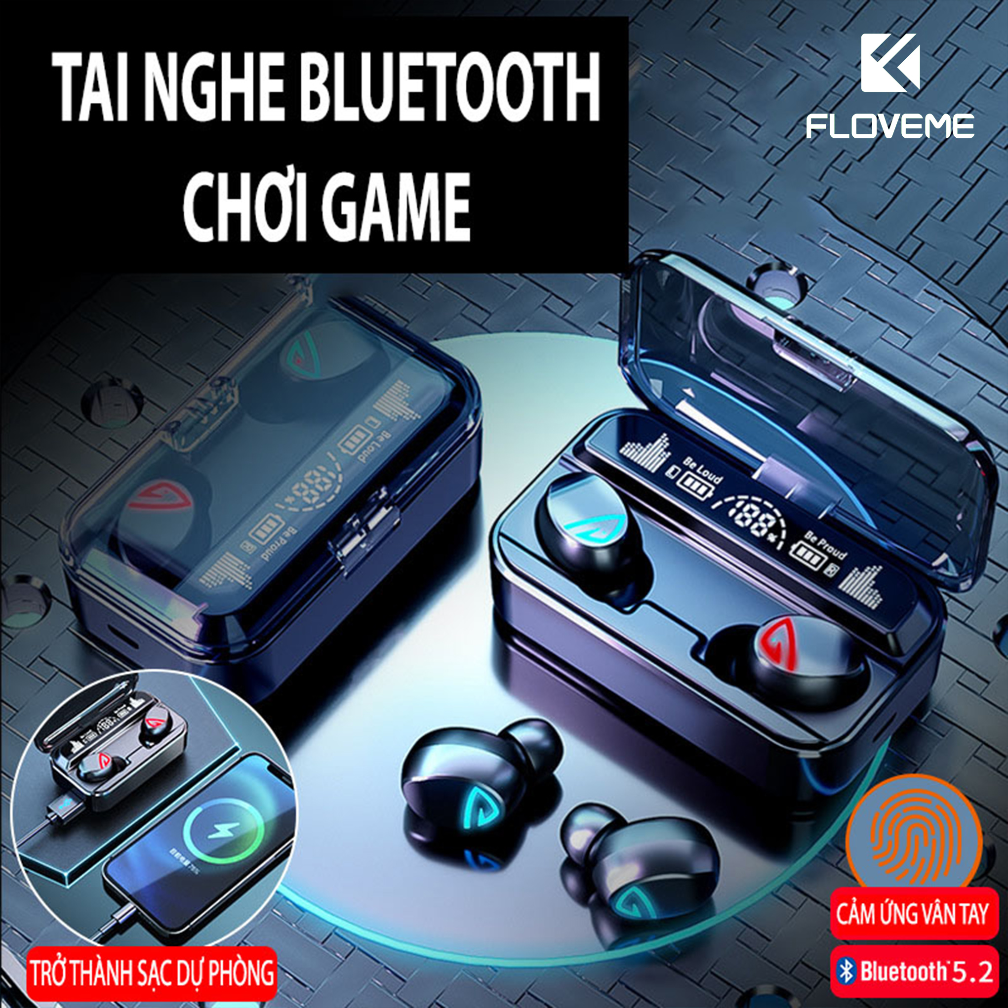 Tai nghe bluetooth V5.2 Floveme - S10 Pro cao cấp, cảm ứng vân tay, hỗ trợ đàm thoại, kiêm sạc dự phòng 2200mAh - Hàng chính hãng