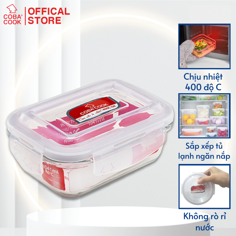 Hộp thủy tinh hộp đựng cơm trữ thức ăn chịu nhiệt COBA'COOK hộp chữ nhật 1041ml- CBHL1041