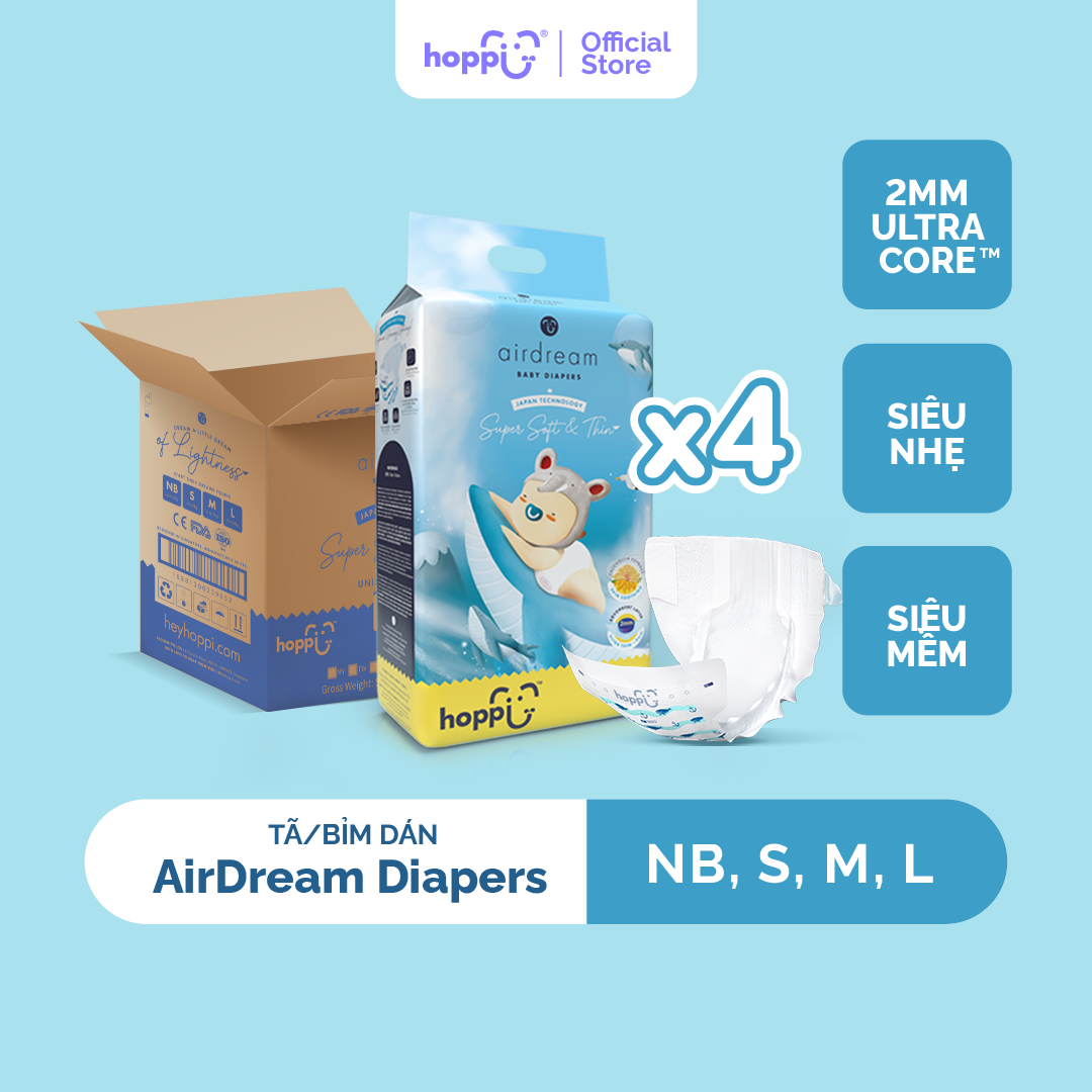 Thùng 4 Gói Tã / bỉm dán Hoppi AirDream Diaper số lượng NB 264 / S 224 / M 192 / L 160 miếng