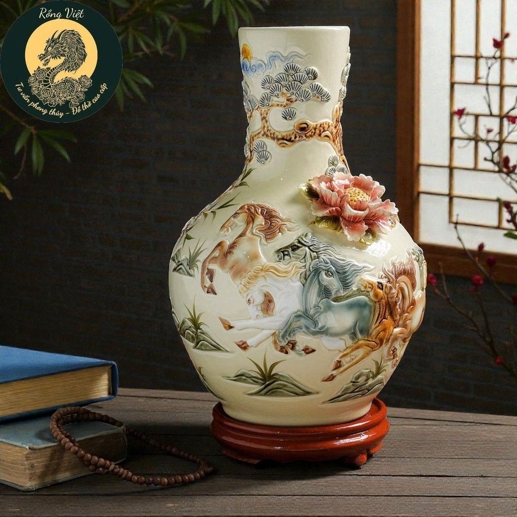 Bình củ tỏi RỒNG VIỆT mã đáo thành công - Bình hút lộc Bát Tràng đắp nổi phúc lộc thịnh vượng