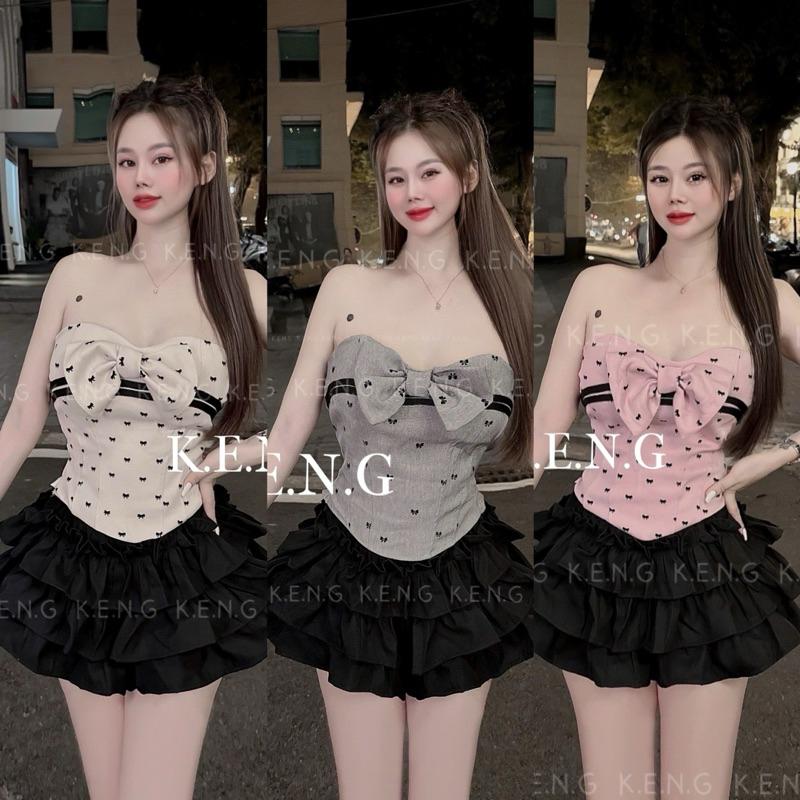 Set áo quây nơ ngực chân váy 3 tầng ngắn xinh BY JOLIE - Hồng