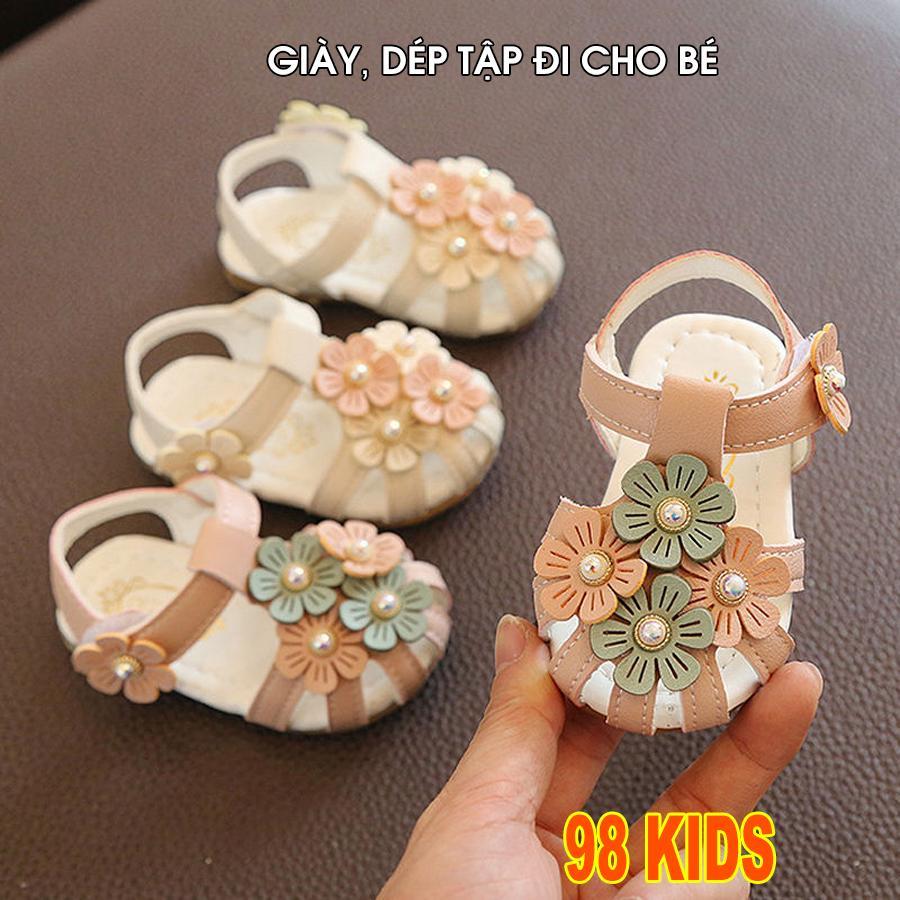 Giày búp bê gắn hoa nơ tim Sandal dép tập đi rọ đính hoa êm mềm cho bé gái