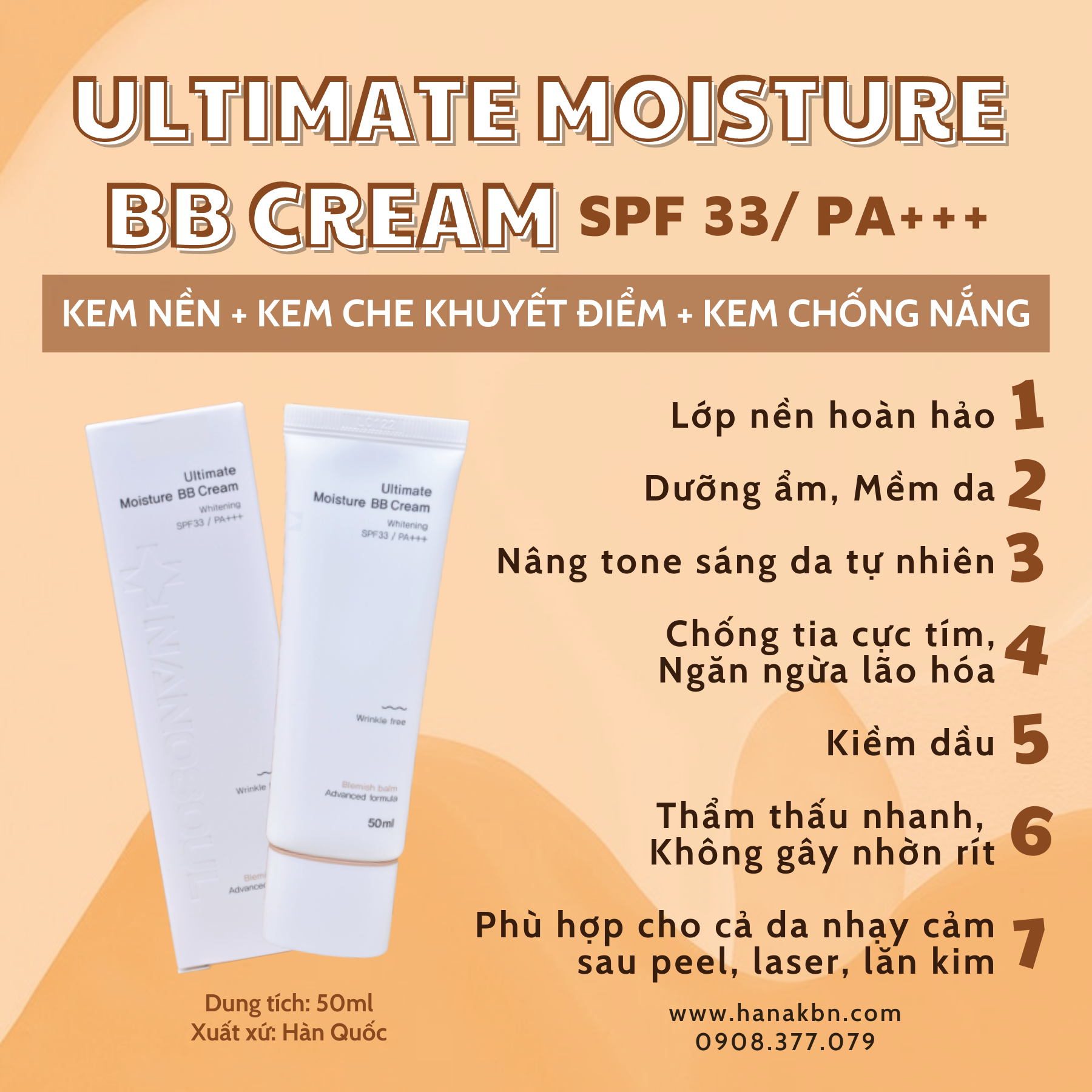 Kem Chống Nắng Dưỡng Trắng Ultimate Moisture BB Cream SPF 33 PA +++ (50ml) - Hàn Quốc (Hàng Chính Hãng)