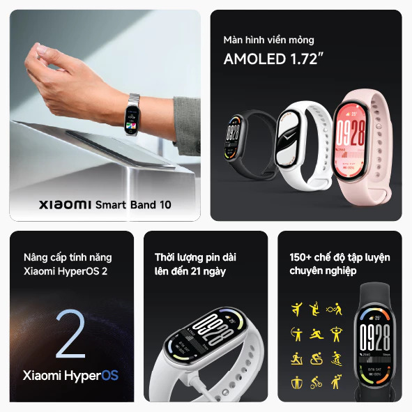 Vòng đeo tay thông minh Xiaomi Mi Band 10 - Màn hình Amoled 1.72" - Bluetooth 5.4 - Kháng nước 5ATM - Hàng chính hãng
