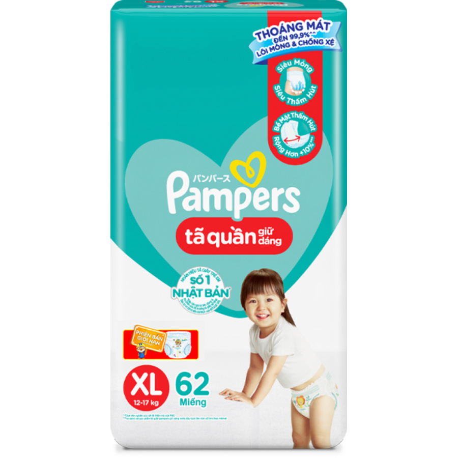 Tã/ Bỉm Quần PAMPERS Giữ Dáng Gói Cực Đại Size M(74 miếng, 7-12kg)/ L(68 miếng, 9-14kg)/ XL (62 miếng, 12-17kg)/ XXL (56 miếng, 15-25kg), Chống Xệ