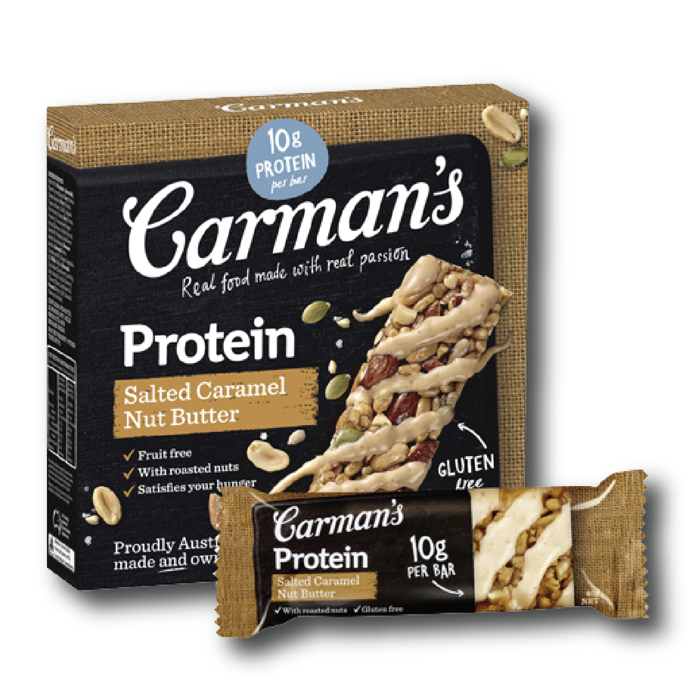 Thanh Giàu Đạm Carman's Protein Bar Salted Caramel Nut Butter - Vị Caramel Muối, Bơ Hạt - 200g