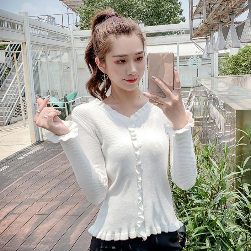 Áo dệt kim nữ tay dài cổ chữ V màu trơn