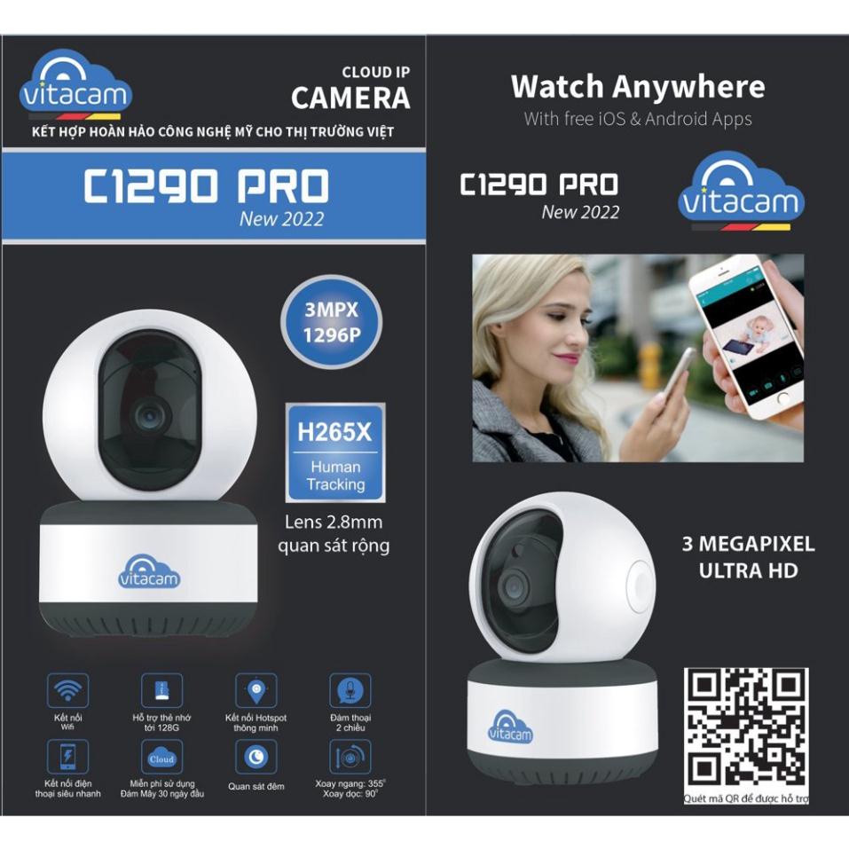 Camera IP Wifi 3.0MP VITACAM C1290 Pro, Xoay 360, chuẩn ULTRA HD - Hàng chính hãng