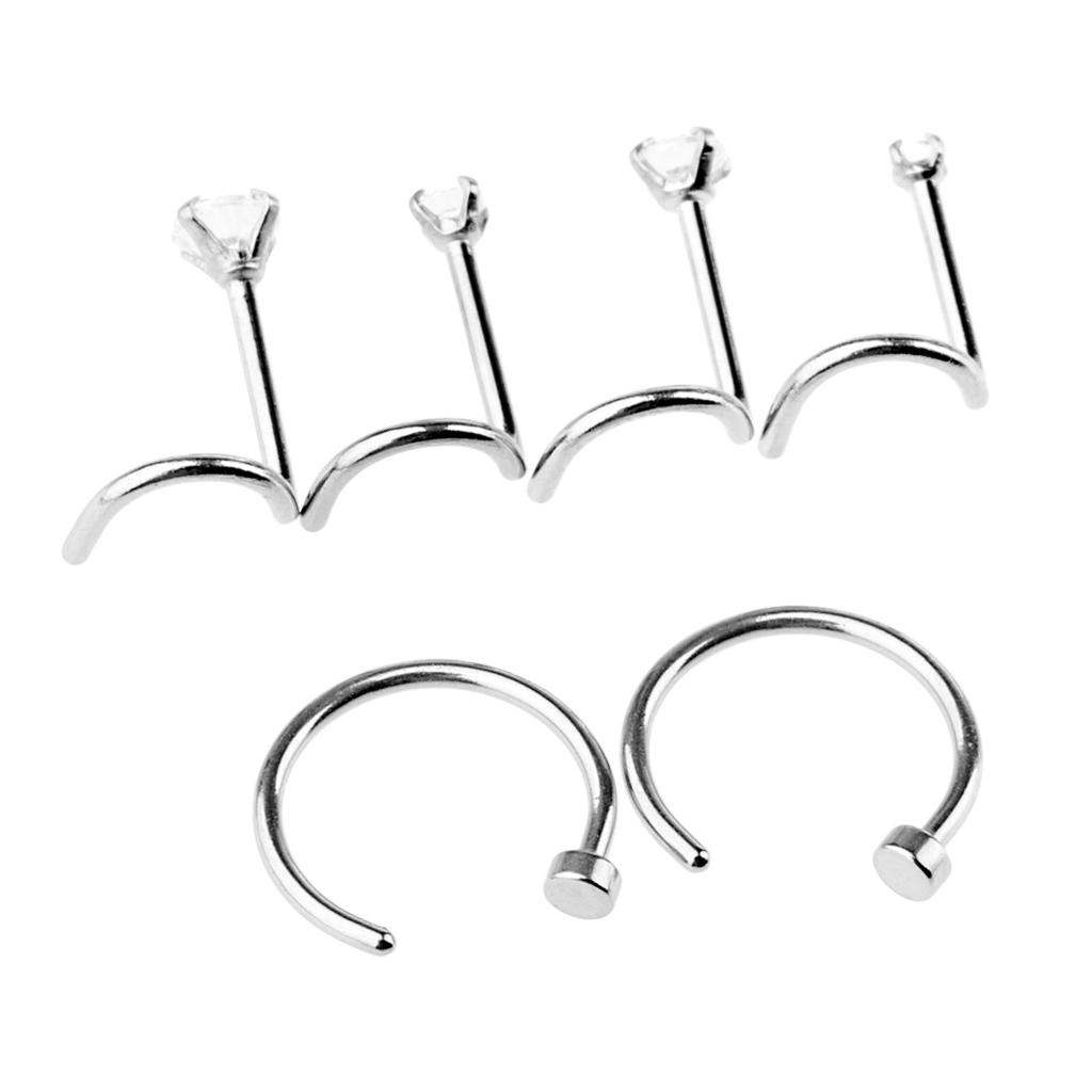 6Pcs Nose Lip Ring Stud Stainless Steel Crystal 20g Curved Helix Piercing