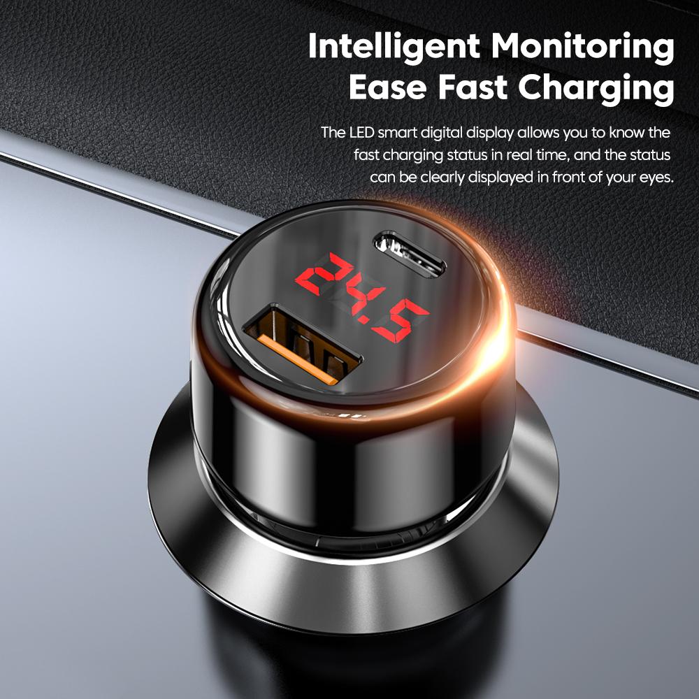 Bộ sạc xe hơi Toocki PD 65W USB Type C Sạc nhanh trong bộ sạc điện thoại xe hơi Digital Digital Bộ sạc điện thoại cho điện thoại di động QC3.0