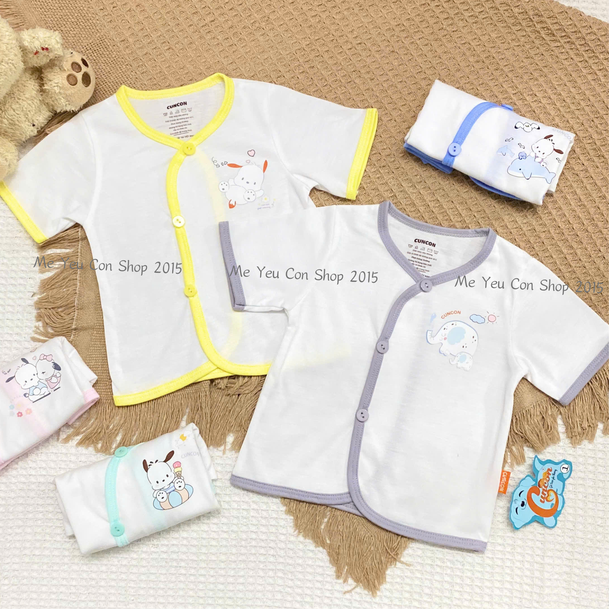( 3-9kg) ÁO CÀI XÉO TAY NGẮN TRẮNG VIỀN CHO BÉ - CÚN CON