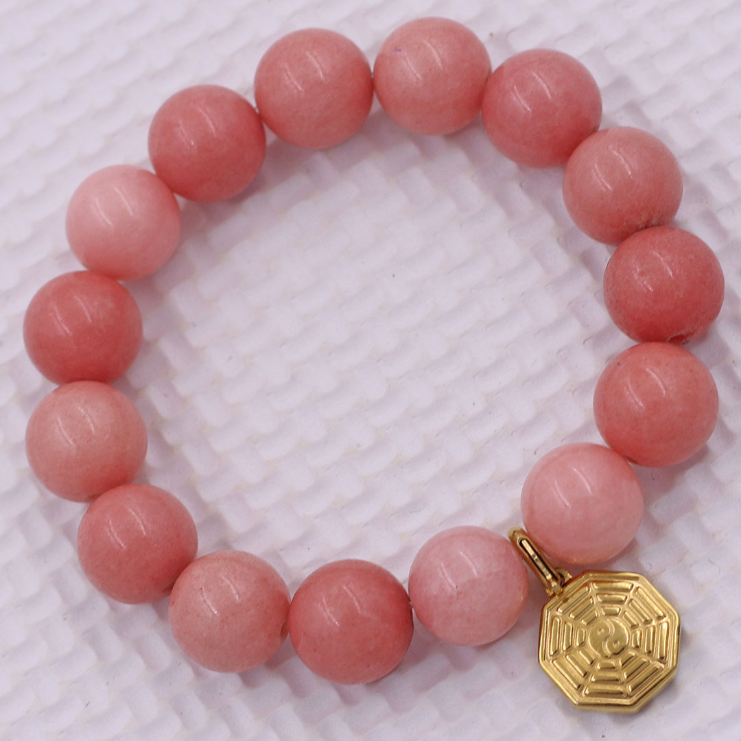 Vòng chuỗi đeo tay đá thạch anh hồng đào charm bát quái inox vàng, vòng tay hạt chuỗi, vòng chuỗi phong thủy, vòng tay nam nữ