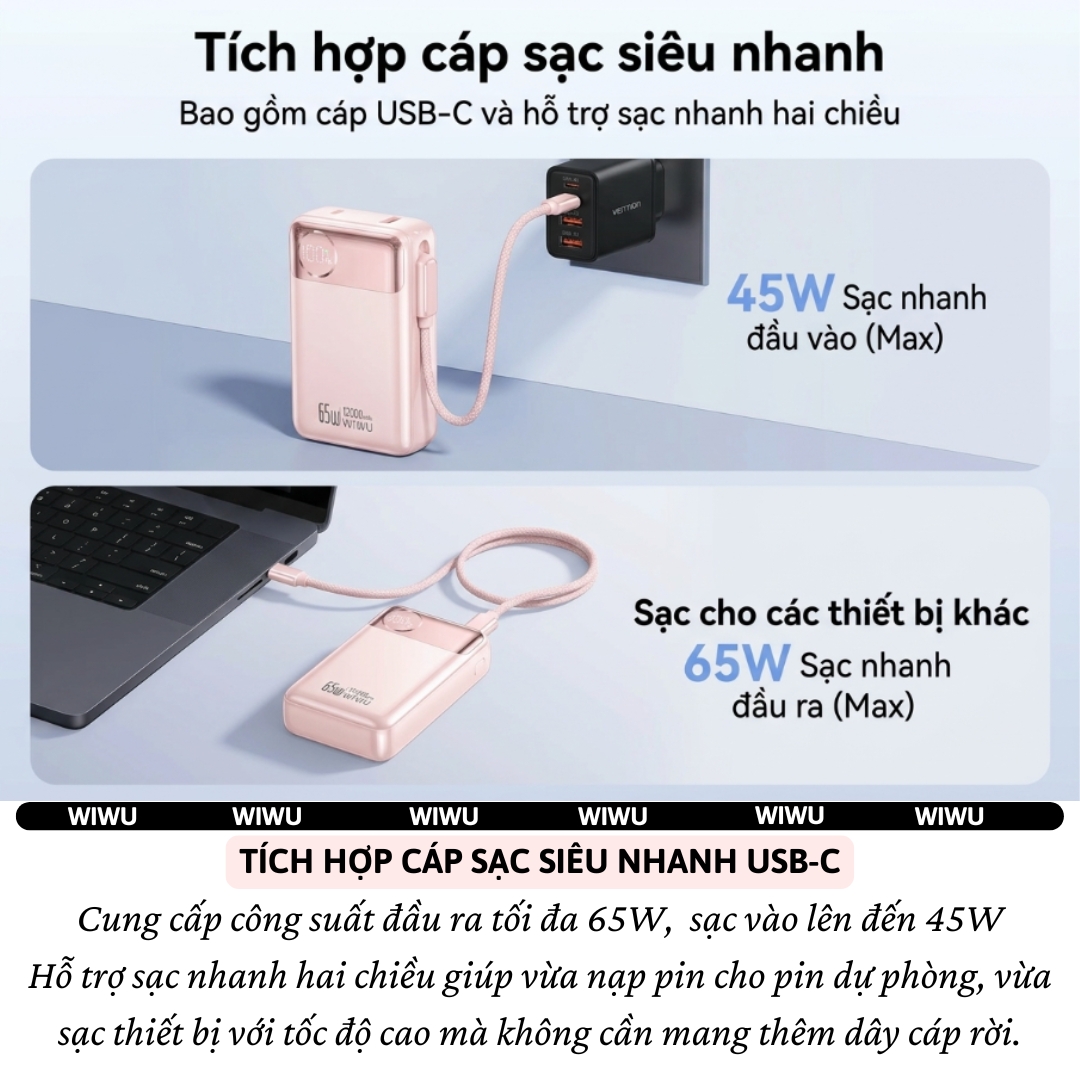 Pin sạc dự phòng PD 3.0 65W tích hợp dây sạc Type-C 12000Mah WIWU PowerPlus Sạc Nhanh cho iPhone Laptop MacBook Android - Màn hình hiển thị pin kỹ thuật số, Hệ thống bảo vệ đa tầng an toàn - hàng nhập khẩu
