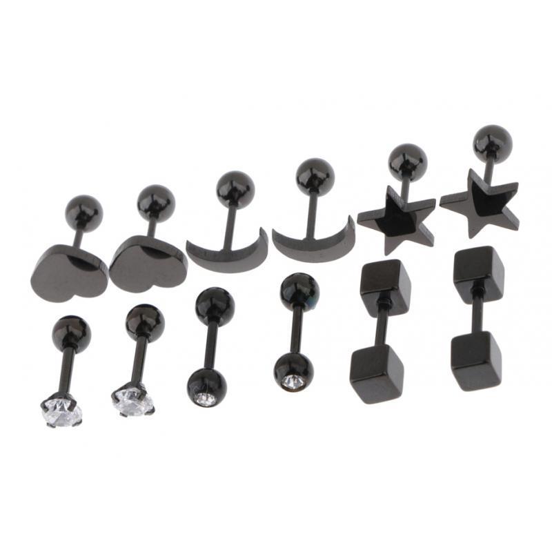 2X 6 Pairs Stainless Steel Ball Screw Back Earrings Star Heart Moon Stud Black