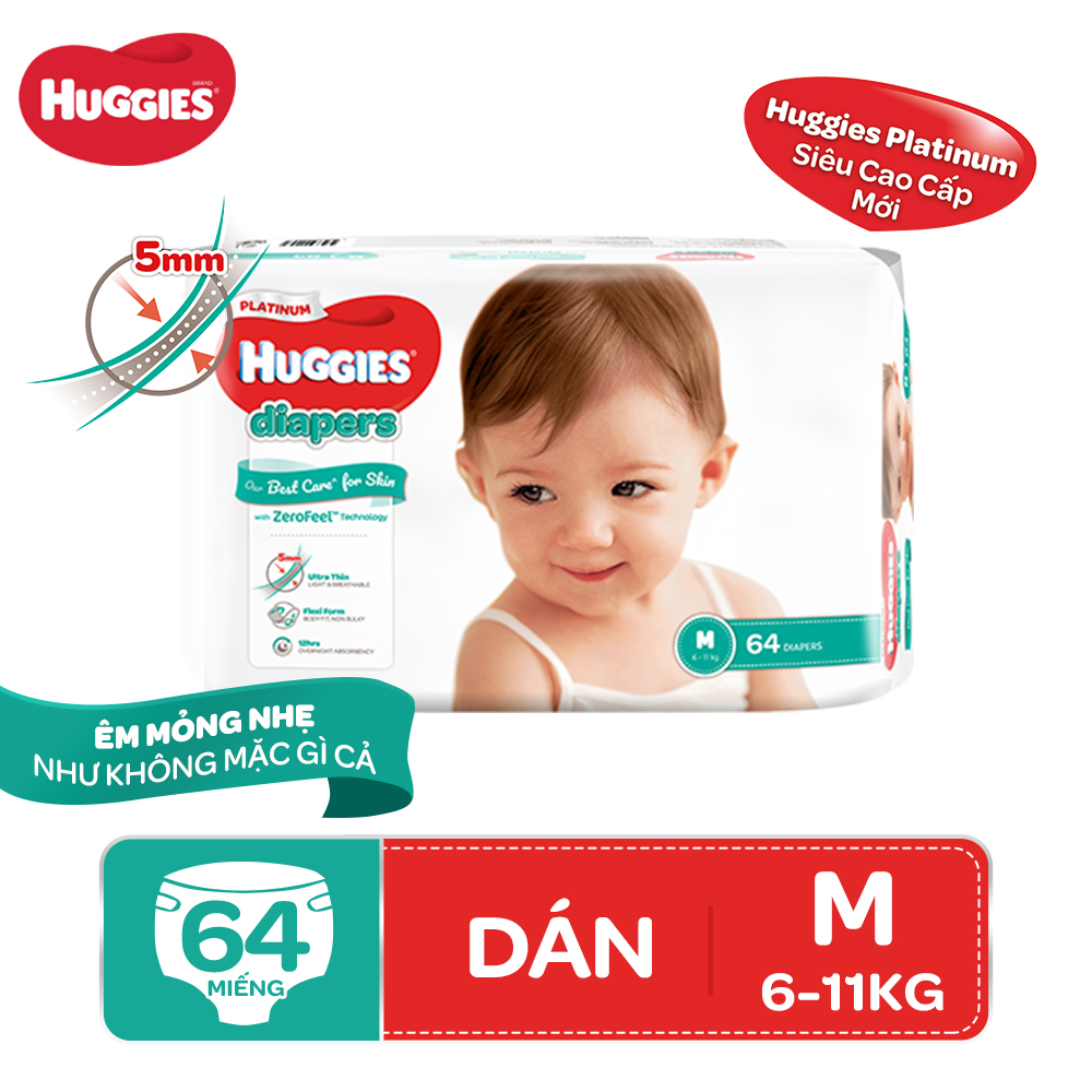 Tã Dán Siêu Cao Cấp Huggies Platinum size M64 - 64 miếng (6 - 11kg)