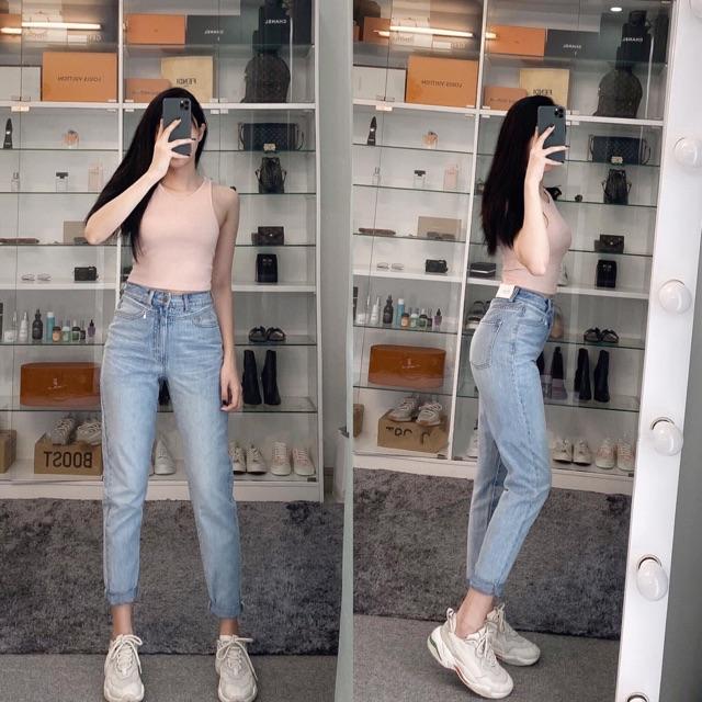 Quần momjeans trơn lưng cao qua rốn