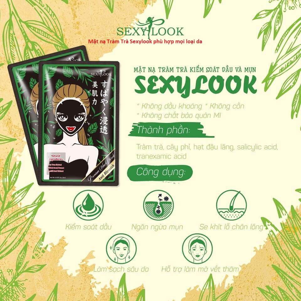 5 Miếng Mặt Nạ Tràm Trà Kiểm Soát Dầu Mụn Sexylook Tree Anti Blemish Black Facial MaskTea 28ml
