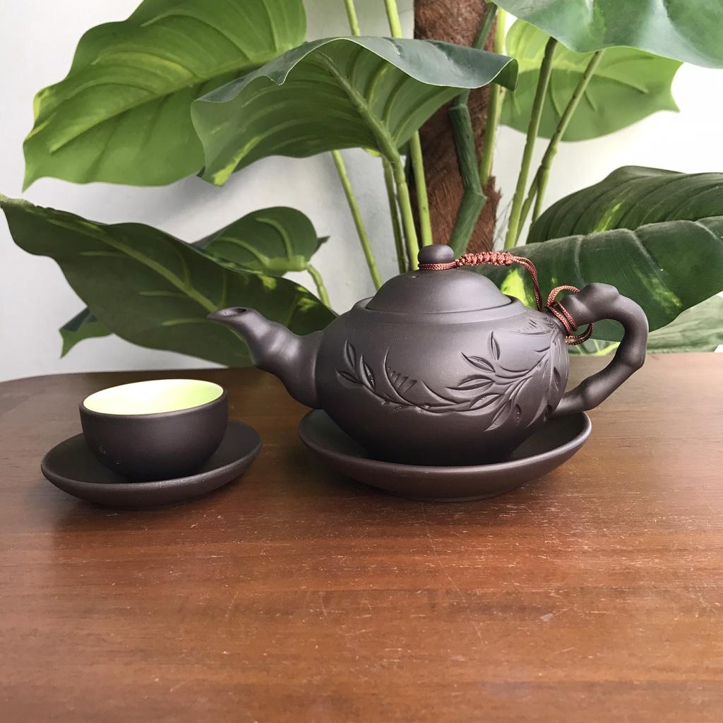 Bộ ấm chén trà đất nung Bát Tràng họa tiết cành trúc kèm phụ kiện