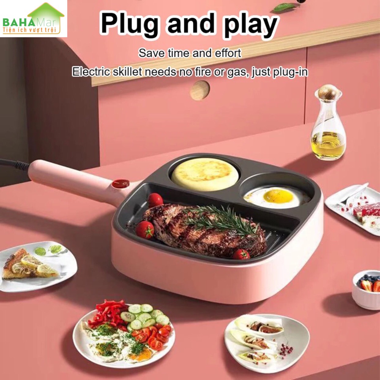 CHẢO ĐÁ ĐIỆN MINI CHỐNG DÍNH CHIA 3 NGĂN TIỆN SỬ DỤNG CHO BẾP "BAHAMAR" Chảo chia 3 ngăn, 2 ngăn tròn làm bánh, ngăn to dùng chiên, xào tiện lợi.