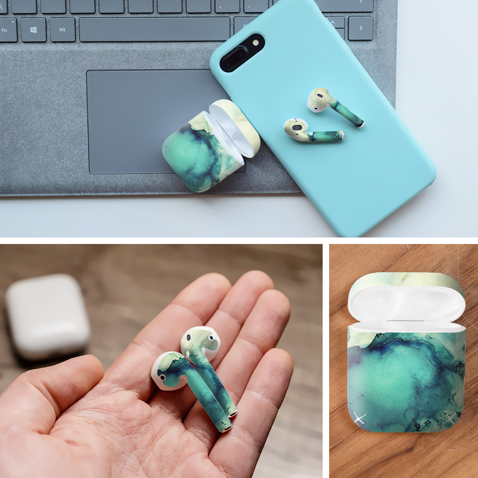 Miếng dán skin chống bẩn cho tai nghe AirPods in hình giả sơn mài - GSM026 (bản không dây 1 và 2