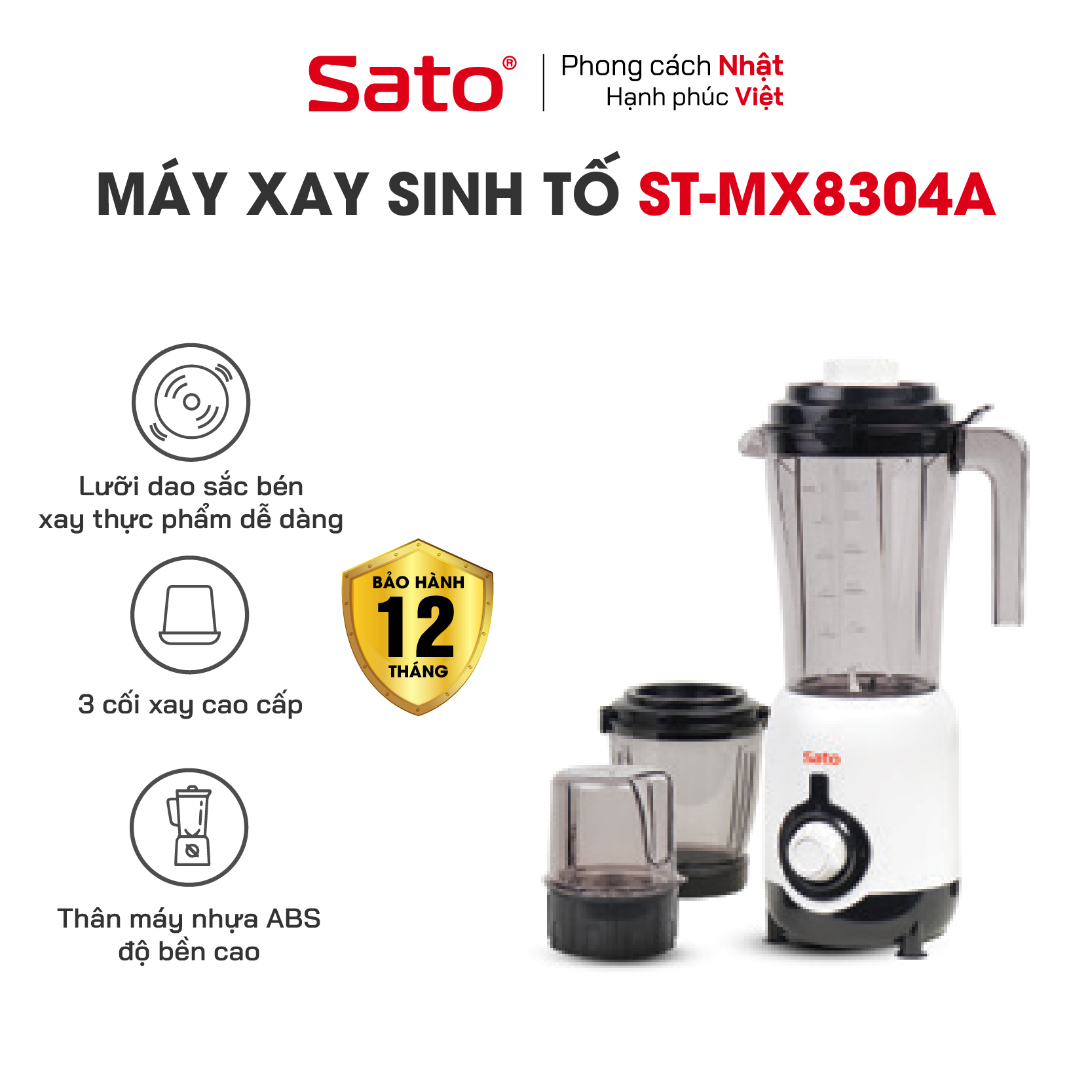 Máy xay sinh tố đa năng Sato MX8304A - Máy xay gồm 03 cối: Cối xay sinh tố, cối trung & cối nhỏ. Mô tơ điện được quấn dây 100% đồng nguyên chất có độ bền cao - Miễn phí vận chuyển toàn quốc - Hàng chính hãng