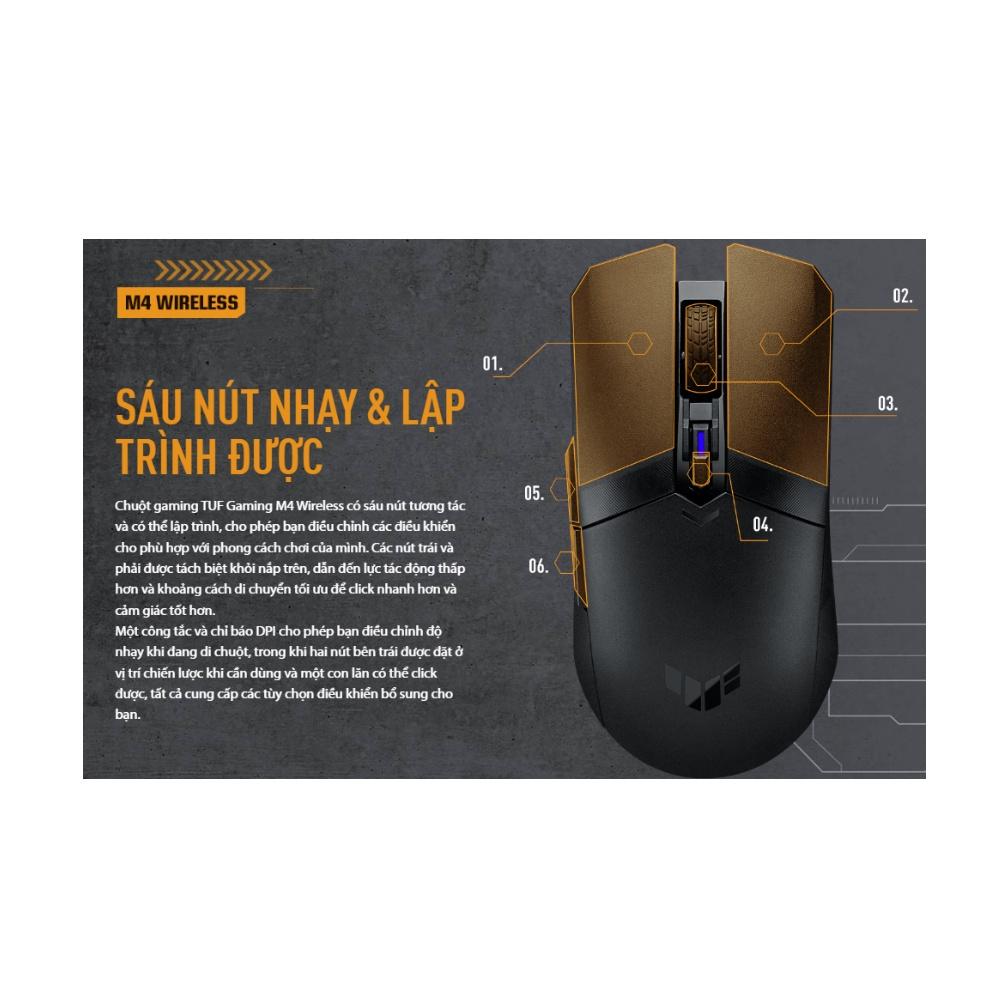 Chuột không dây gaming Asus TUF-GAMING-M4WL -2.4Ghz,12000DPI/6 nút có thể lập trình/PBT kháng khuẩn- Hàng chính hãng