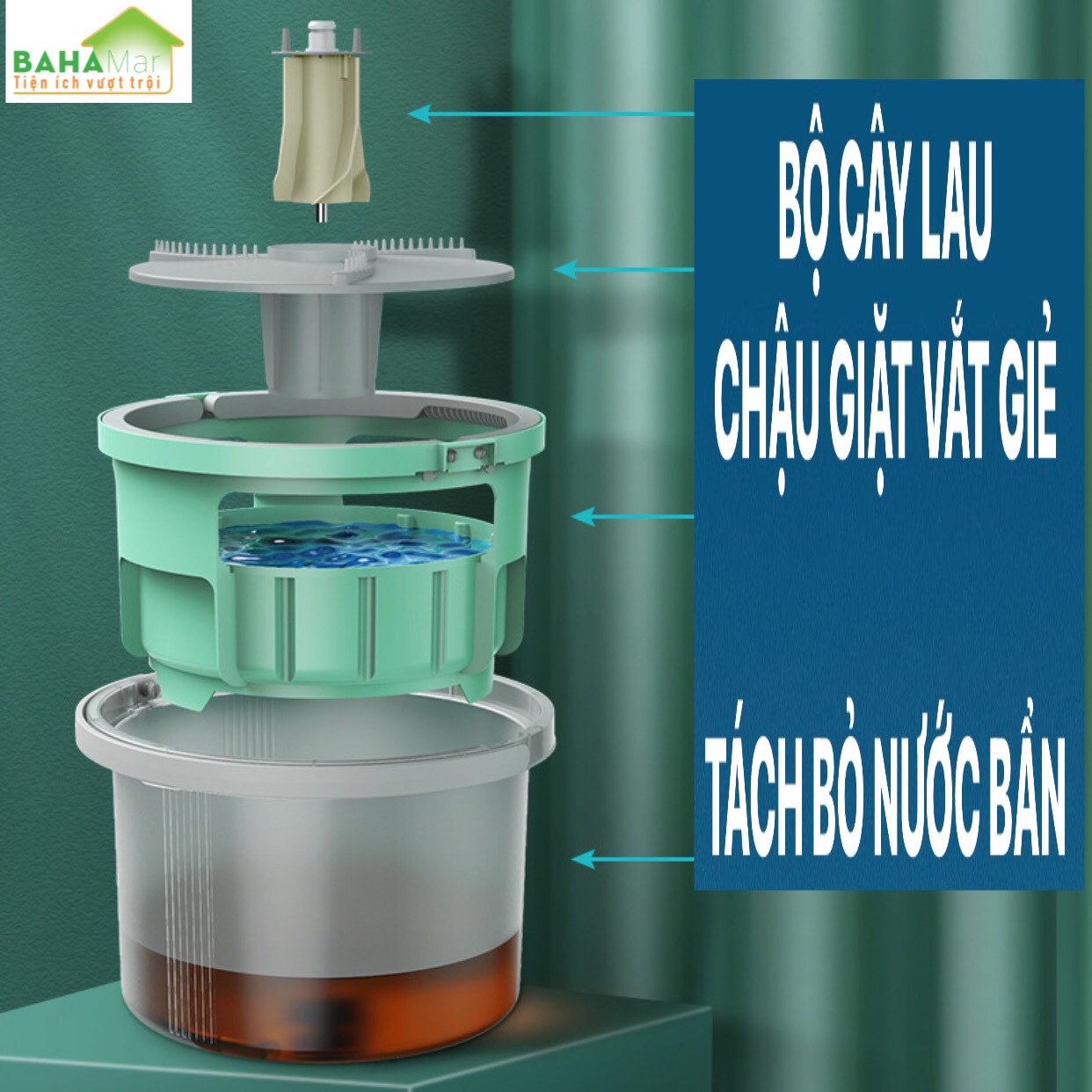 BỘ CÂY LAU SÀN CHẬU GIẶT VẮT GIẺ CÓ TÁCH BỎ NƯỚC BẨN BAHAMAR thuận tiện lau và giặt giẻ