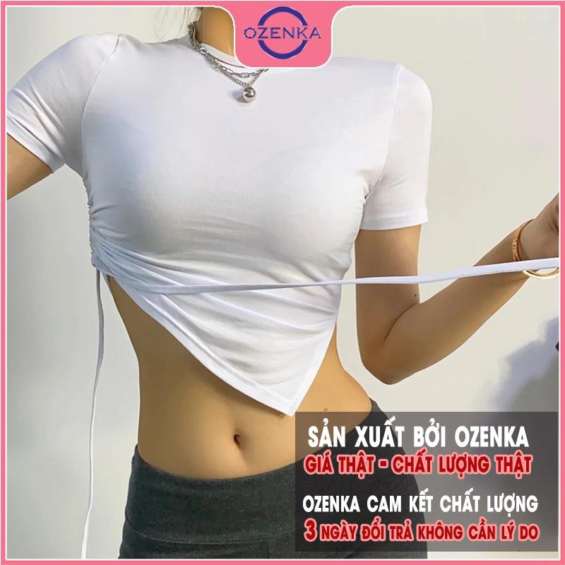 Áo croptop tay ngắn rút dây sẻ gấu cổ tròn OZENKA , crt ôm body chất liệu len gân cao cấp màu đen trắng