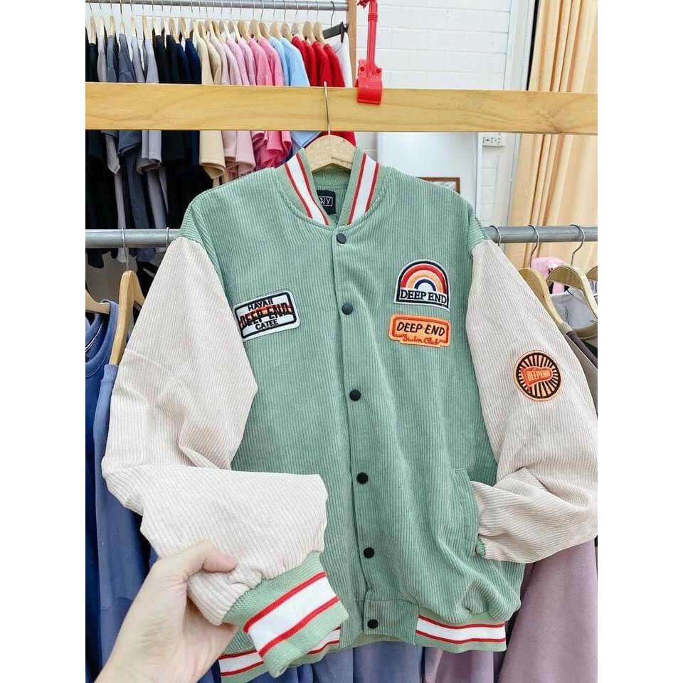 Áo Bomber Jackets/ Áo Khoác Nhung Tăm Thêu Logo DeepEnd Cúc Bấm Unisex Nam Nữ Form Rộng MND Ulzzang