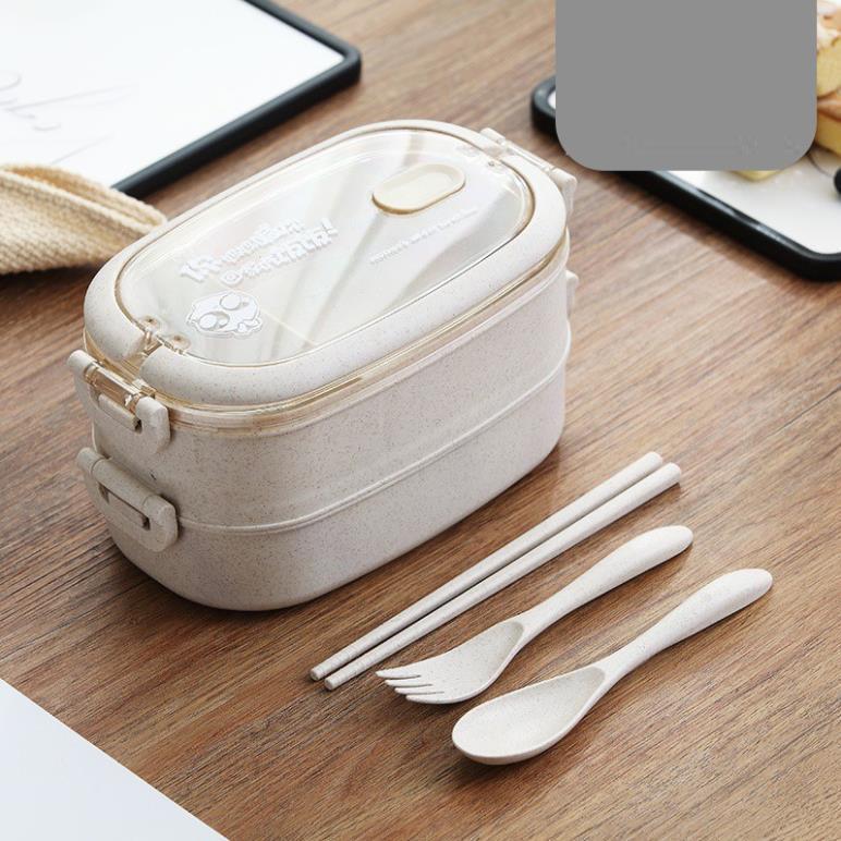 Hộp Cơm Lúa Mạch 2 Tầng 2 Ngăn Kèm Đũa Thìa - Hàng Loại 1