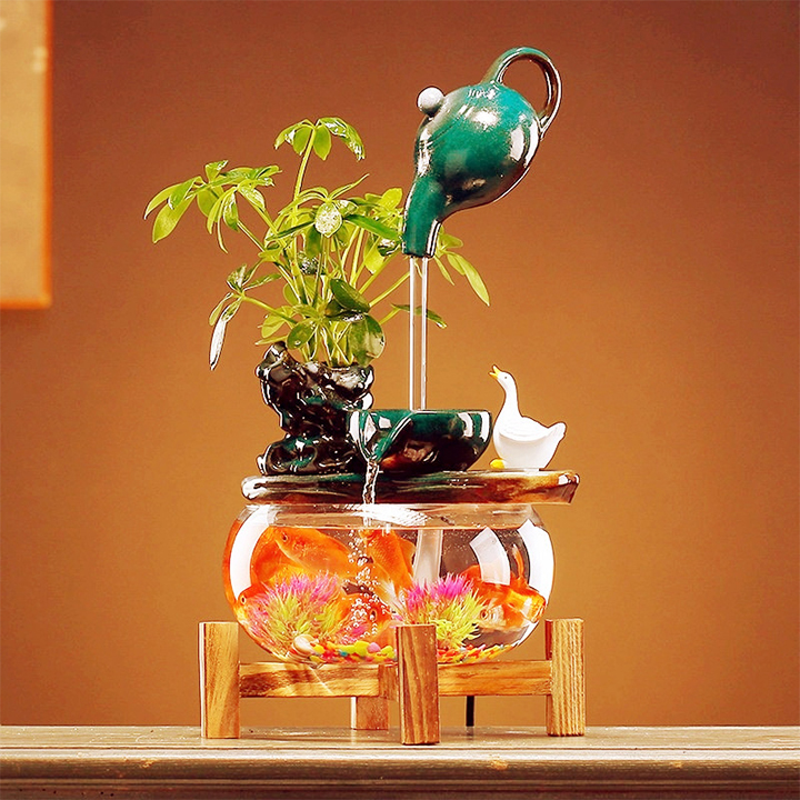 Bể cá nước chảy để bàn - Bể cá phong thủy mini nhập khẩu nguyên chiếc - Bể cá hình tròn nước chảy