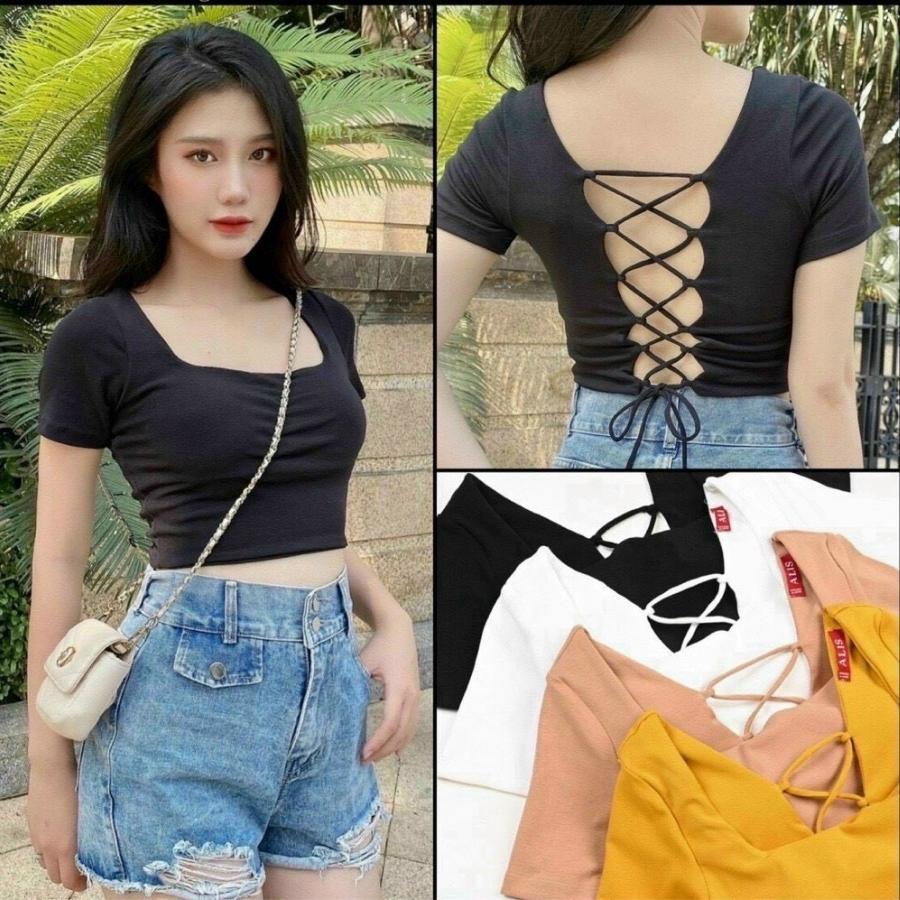 Áo thun bigsize nữ cổ tròn đan dây phía sau, Áo phông kiểu croptop tay ngắn 55-90kg A39 - Màu đen