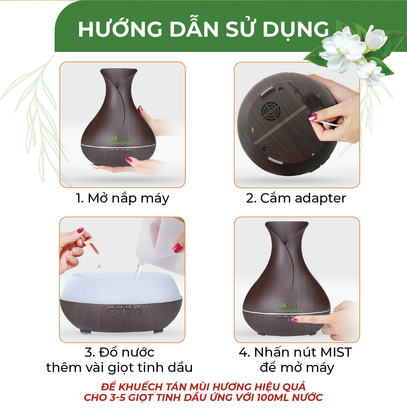 Máy khuếch tán Tinh Dầu 24Care Tulip màu Đen Ultrasonic 500ml, Tặng 3 Chai Tinh dầu Sả Chanh + Bạc Hà + Quế 24Care 10ml | Xông Phòng | Kèm Remote Điều Khiển | Công nghệ siêu âm tiên tiến