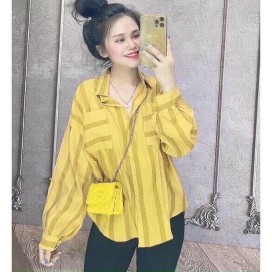 Áo sơ mi kẻ sọc dọc 2 túi cánh dơi form rộng